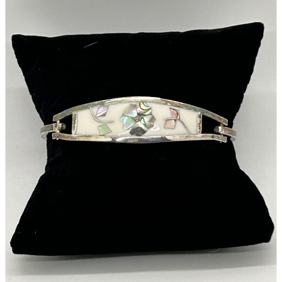 Vintage Taxco MX Silver-Tone & Abalone Inlay Cuff Bracelet Size 6.5 - Picture 4 of 9